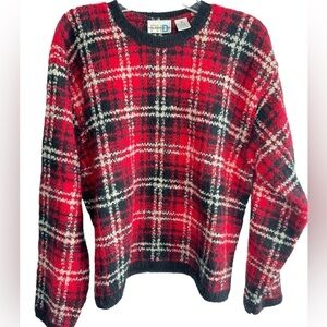 VTG Womens Sweater Y2K 90s X-Large Mohair Blend Knit Crewneck Red Black Plaid